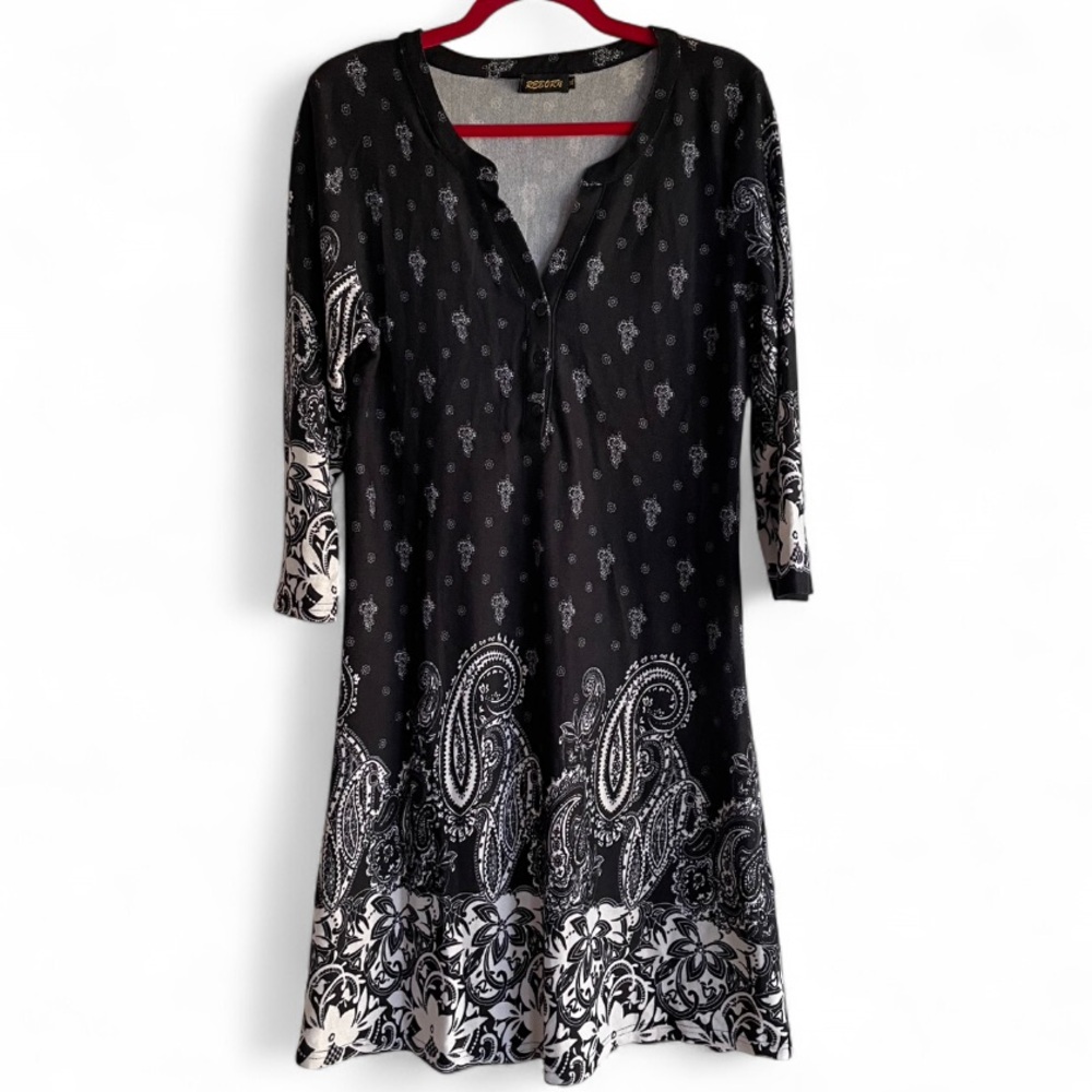 Reborn Black and White Paisley Print Knit Dress Size XL